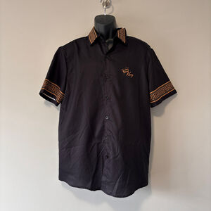 SHEIN Men's Size Large Black King Embroidery Button Short Sleeve Shirt NIB
